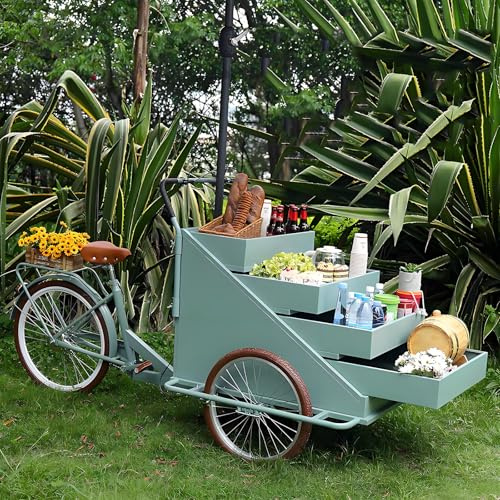 Mobil mattrehjuling varuautomat med 4-lagers displayställ, lastcykel trehjuling för snacks och drycker, 3-hjuls matlastbil för utomhusevenemang