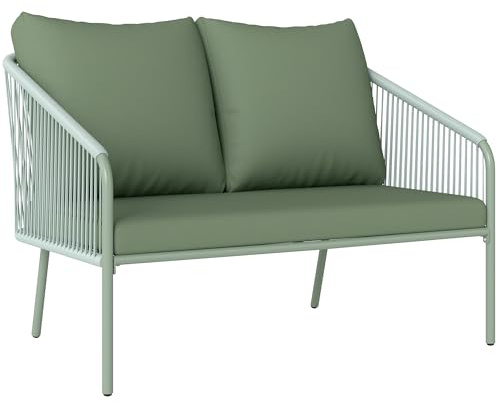Outsunny Canapé de Jardin 2 Places en Résine Tressée avec Coussins Vert | Canapé d'Extérieur avec Accoudoirs, Cadre en Acier pour Balcon