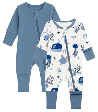 JiAmy Baby pyjamas 2-pack nyfödd bomull långärmad sparkdräkt med fötter kläder för baby pojke flicka
