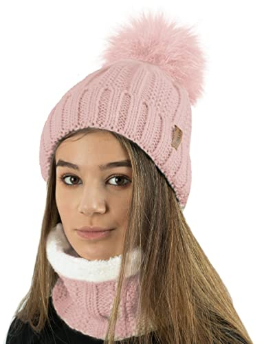 TOSKATOK Gorro y Bufanda para Mujer de Invierno con Gorro y Forro Polar cálido con Forro Polar cálido y pompón Grande de Piel sintética - Disponible Solo o en Conjunto