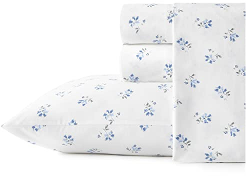 Stone Cottage - Twin Sheets, Cotton Percale Bedding Set, Crisp & Cool Home Decor (Blue Sketchy Ditsy, Twin)