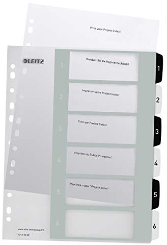 Leitz WOW Utskrivbart register, A4, extra brett, sex numrerade flikar, polypropen, vit/svart, 12140000