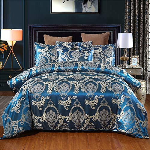Housse de Couette 220X240 Réversible Parure de Lit 3 Pièces Jacquard Soie Linge de Lit Housse de Couette Avec Fermeture À Glissière 2 Taies D'oreiller, Adult Microfibre Literie,Bleu,220x240cm