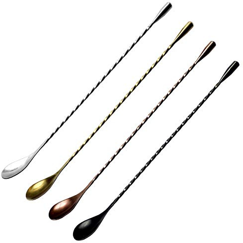 Rippl Cocktail Mixing Spoons - Bar Spoons for Stirring Cocktail Drinks - Bartender Tools for your Home Bar Set - Set of 4 Long Spoons for Stirring in Silver, Black, Gold, Rose Gold