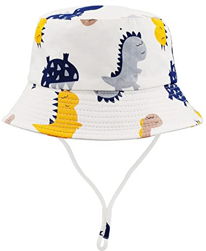 FenFang Cappello da Sole Bambino Bambina a Tesa Larga, Berretto Pescatore Neonato Estivo, Cotone Bucket Hat, Fisherman cap da Cartone Dinosauro Spiaggia 1 2 3 4-8 Anni (4-8 Anni, Dinosauro Bianco)