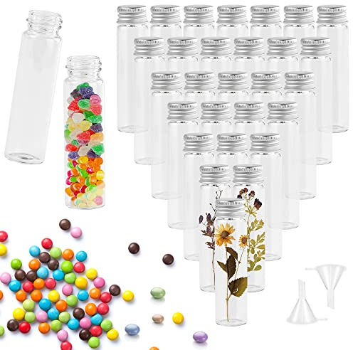 REFORUNG 40 Stück 20ml kleine Glasflasche Glas Reagenzgläser mit Schraubverschluss Aus Aluminium Klare Flüssigkeitsprobe Fläschchen Luftdichte Flaschen mit 2 Trichter für Hochzeit Party Zubehör