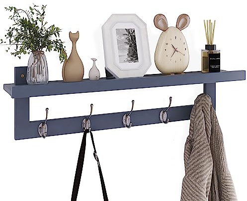 SMIBUY Coat Hooks with Shelf Wall-Mounted, 74 cm Entryway Coat Rack for Wall, Bamboo Hanging Shelf with 5 Double Metal Hooks for Bathroom, Bedroom, Kitchen, Living Room, Mudroom (Grey)