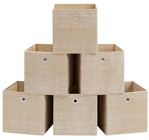 SONGMICS Storage Boxes, Set of 6 Non-Woven Fabric Boxes with Handles, 30 x 30 x 30 cm, Fit Cube Storage Unit, for Shelves, Foldable, Clothes Organisers, Sand Beige RFB006K03