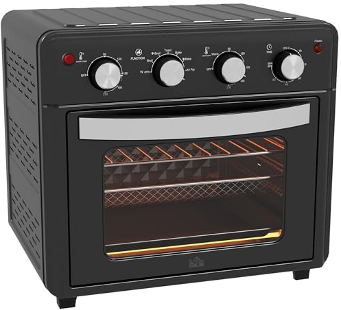HOMCOM Minibackofen Umluft 30L Mini Ofen Backblech, Grillrost, Krümelblech, 90 °C-230 °C Heißluftfritteuse 7 Modi, Frittierkorb, 60 Min. Timer, 1600W