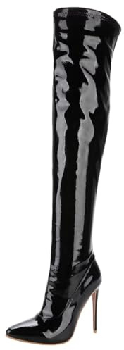 HSyc JRX Stiletto höga klackar lack överknästövlar med 12 cm klack vinterstövlar, svart, 41 EU