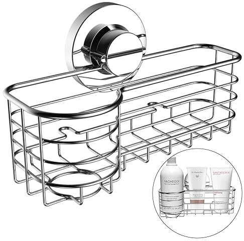 Poywaze Duschablage Ohne Bohren, Saugnapf Badezimmer Organizer, SUS304 Edelstahl Rostfreie Duschregal, Schnell Trocknende Platzsparendes Korb für Badezimmer und Küche ZubehöR, Silber
