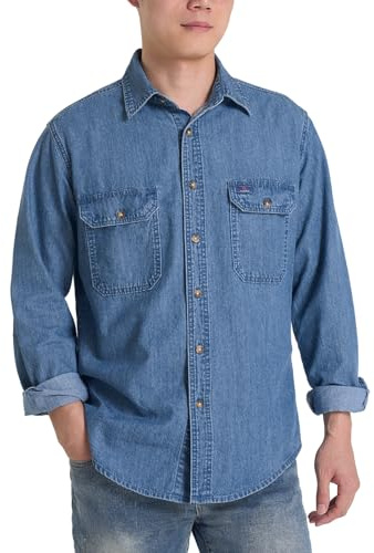 HISEA Mens Denim Shirt Long Sleeve Jean Work Shirts Regular Fit Button Down Shirts with Pockets Blue