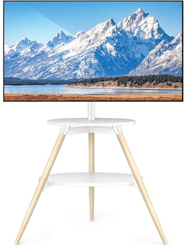 5Rcom Cavalletto per TV con 2 ripiani, girevole e regolabile in altezza, in legno, per schermo LED LCD OLED da 32-65 pollici, VESA max 400 x 400 mm, carico massimo 40 kg, bianco