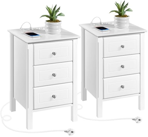 Yaheetech Nachttisch 2er Set Nachtschrank mit Ladestation 3 Schubladen Beistelltisch Boxspringbett Nachtkommode Sofatisch für Schlafzimmer/Wohnzimmer, Weiß