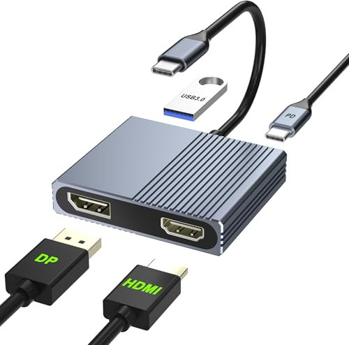 USB C to HDMI and DisplayPort Adapter, 4K @60Hz Dual Monitor Adapter for Dell/HP/Mac Laptops, USB Type C to Display Port and HDMI Multiport with USB3.0/PD, USB C Hub, Docking Station Dual Monitor