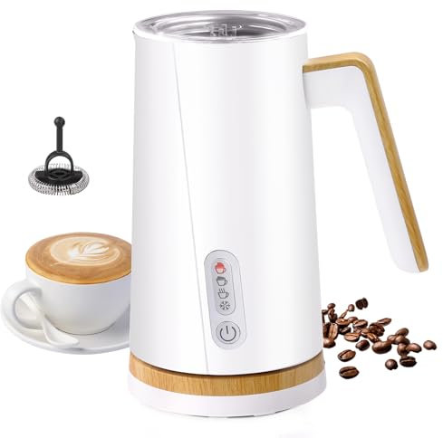 Electric Milk Frother and Steamer, 4-in-1 Milk Steamer with Wood Elements Design, Automatic Hot & Cold Foam Maker for Latte, Cappuccinos, Macchiato, Milk Warmer (White)