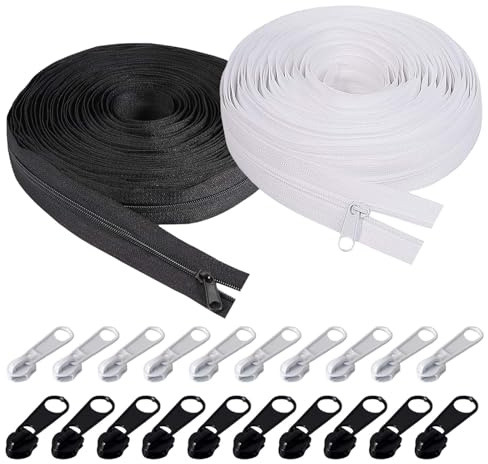 Cremallera Continua de Nailon #3 con Cursor - 10 Metros (5m Negro + 5m Blanco) + 20 Tiradores Metálicos | Cremalleras por Metros para Coser en Ropa, Mochilas & DIY