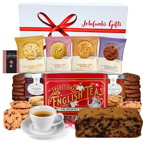 JOLAFUNBS Tea Hamper Gift Set – English Tea Tin with 40 Teabags, British Biscuits More - Christmas Hampers, Birthday Food Gifts for Mum, Women, Men (Tea Hamper 4)