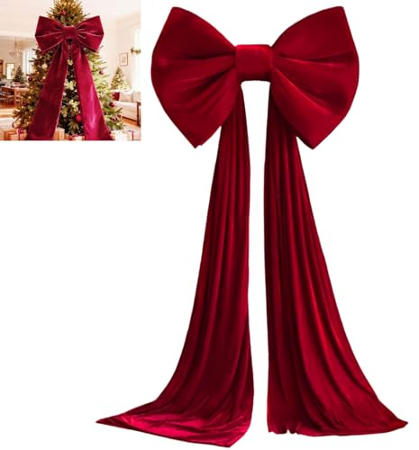 Fiocco Rosso Albero di Natale,Puntale 50X38cm, Extra Large, Fiocco Velluto per Albero di Natale, Per Decorare La Casa,In Velluto Rosso, Con Sentiero Lungo 3m (1)