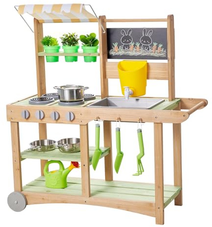 VEVOR Cuisine à Boue 88 cm Cuisine Patouille Extérieur Enfant pour Jouer avec Eau Sable, en Bois, avec Pots Plantation, Cuillères, Évier, Auvent Pare-Soleil, Roues Pivotantes, Casseroles, Accessoires