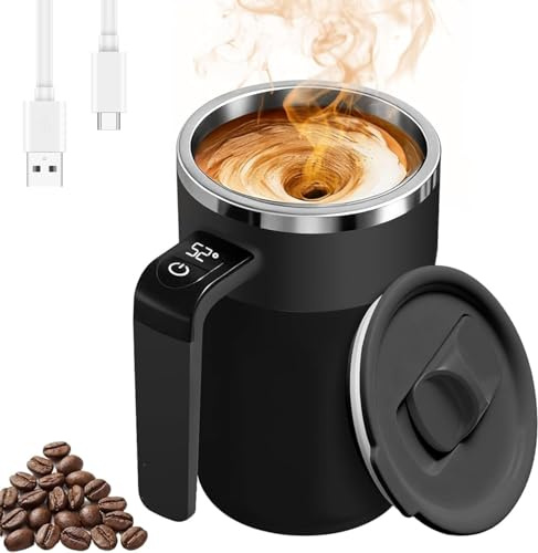 Rechargeable Automatic Stirring Coffee Mug with Temperature Display, 13.5oz Self-Stirring Mug with Lid, Stainless Steel Material Suitable for Coffee, Milk, and Other Beverages (Black)