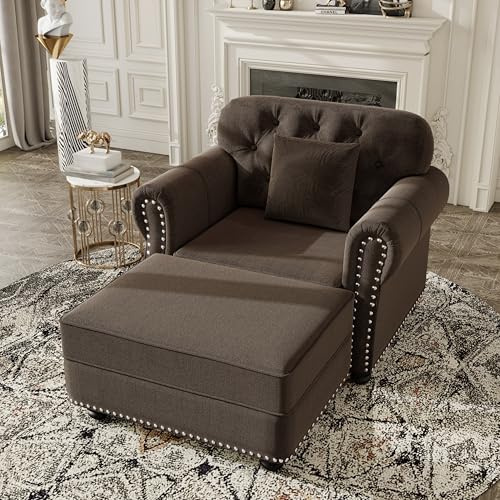 jurmiture Luxury Velvet Chesterfield Single Sofa with Ottoman, Nailhead Trim & Rolled Arms, Mid-Century Modern Button Tufted Armchair with Solid Wood Legs & Pillow, Club Chair for Small Spaces