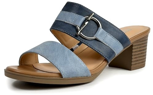 JOMIX Mule Donna Eleganti con Tacco Largo 5 cm Sandali Donna Estivi Comodi Punta Aperta Ciabatte con Fibbia Metallizzata e Doppia Fascia per Giorno Ufficio Vacanze Blu 36