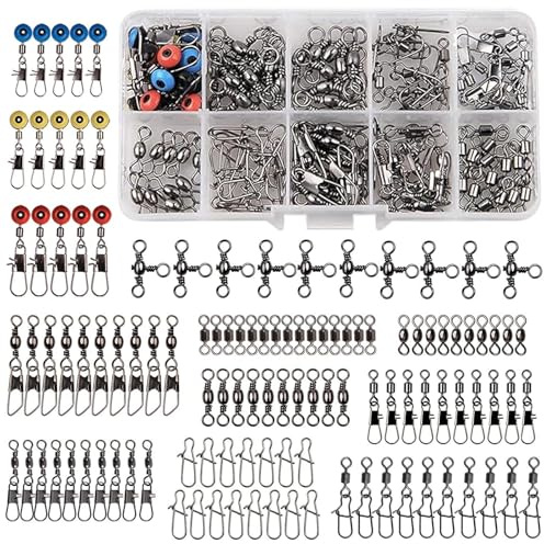 Fishing Swivels Snaps Kit Stainless Steel Barrel Swivel, Snap Swivels, Fishing Beads, 3 Way Swivel, Ball Bearing Swivel for Freshwater Saltwater Fishing Accessories Tackle Box (115pcs Snaps Kit)