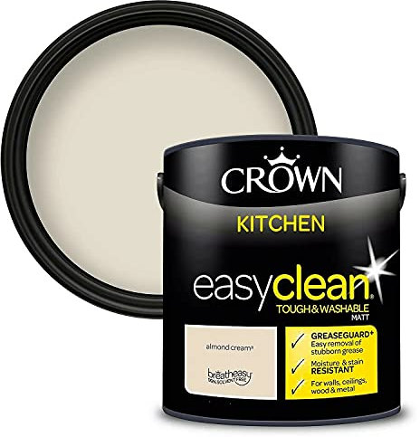 2.5L CROWN Easyclean Kitchen MATT Emulsion Multi Surface Paint With GREASEGUARD+ That can be Used on Walls, Ceilings, Wood and Metal. Stain & Scrub Resistant Formula – Almond Cream