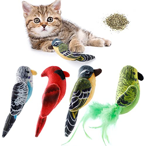 Dorakitten Cat Catnip Toys Interactive Cats 4pcs Kitten Plush Nip Chew Bird Toy with Crinkle Paper Pet Best Treats Stuffed Pillow Cute Teething Play Gifts Soft Kick Sound Supplies for Indoor Kitty