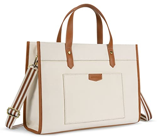 Missnine - Bolso de mano para ordenador portátil de 15,6 pulgadas de lona grande elegante para cursos de trabajo de la universidad de viajes, Marrón + Beige, Práctica