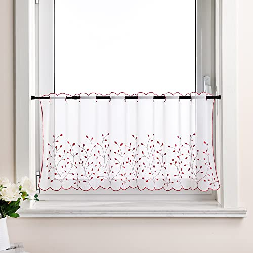 Delien Lot de 1 rideau brise-bise en voile - Avec broderie motif de prairie et feuilles - Transparent - Rideau court à tringle - Pour cuisine - LxH 90x30 cm, Rouge