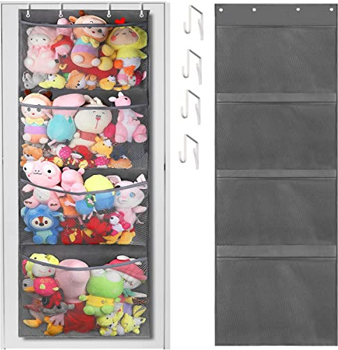 Stuffed Animal Storage Organiser Over Door Hanging Mesh Bags with 4 Large Pockets for Baby Plush Toys