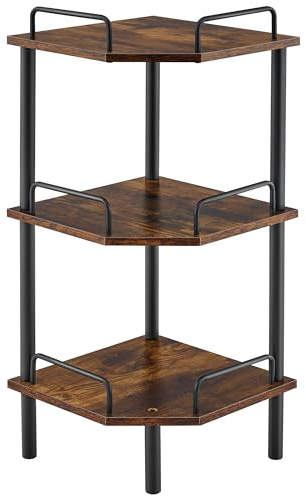 Tajsoon Corner Shelf Stand, 3 Tier Industrial Corner Shelves, Multipurpose Standing Display Shelf, Corner Shelving Unit for Bedroom, Living Room, Office, Kitchen, Rustic Brown