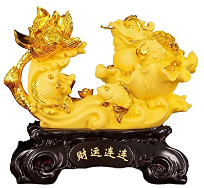 WAOCEO Fenshui Statue Reúne Dinero, Adorno de Sapo de Tres Patas, Carpa de Loto, decoración Zen, Estatua de Feng Shui de Rana Dorada Decoración de Escritorio para el hogar (Size : L)