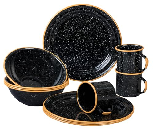 Granite Ware 12-Piece Outdoor Set, Enameled Steel, Perfect for Camping & Picnics - Speckled Black with Color Rim