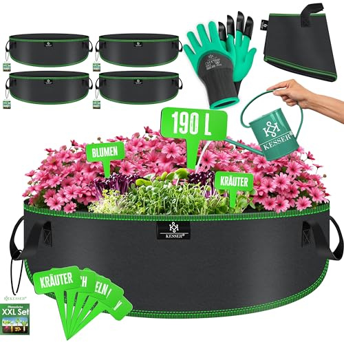 KESSER® Sacchetti per piante da 190 litri, 2 pezzi, in tessuto non tessuto, con targhette per nome, per patate, con finestra e manici, per verdure, fiori, frutta, 190 Litri, Set di 4