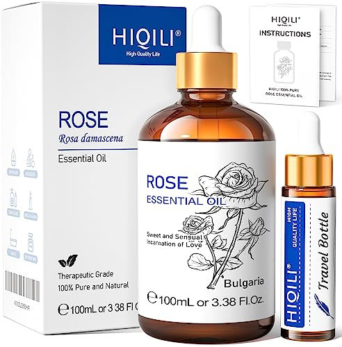 HIQILI Olio Essenziale Rosa 100ML, Oli Essenziali per Diffusori, Olio Essenziale Naturale Puro di Rosa, per Candele Fai da Te, Umidificatori, Bagni per il Corpo, Saponi