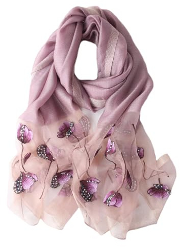 Anvevkn Women's Silk Embroidered Scarf Lightweight Shawls and Wraps for Weddings Fashion Elegant Pashmina Shawl Embroidered Scarves (D-Light Purple)