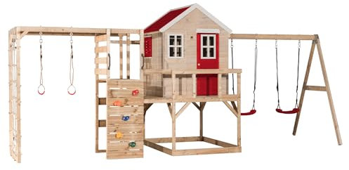 Wendi Toys M27R-G - Casetta per bambini con palestra e doppia altalena, 200 x 560 x 242 cm, colore rosso, attrezzatura da gioco in legno di alta qualità per bambini, montaggio rapido per divertimento