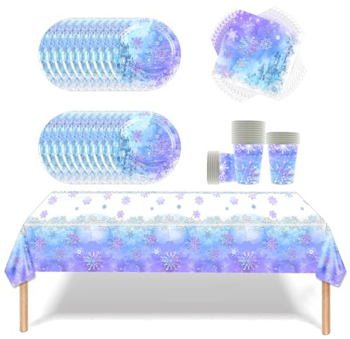 Fuwraixis 61 piezas Vajilla fiesta Frozen, juego de vajilla copo de nieve azul y morado, 20 servilletas 20 vasos de papel 20 platos de papel 1 mantel, vajilla para niños y adultos