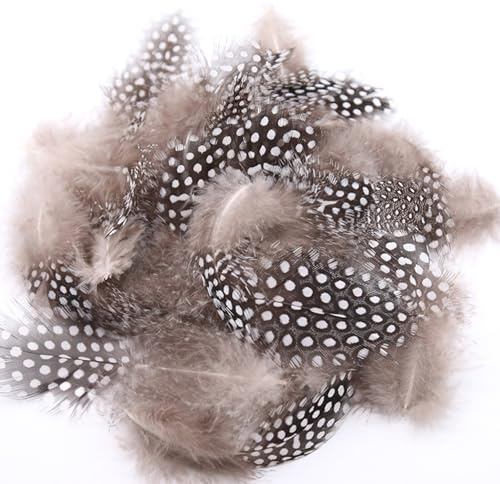 ENLACE Fjädrar för pyssel, 200 stycken pärlkycklingfjädrar, 4,5–10 cm, naturliga spräckliga fjädrar, pysselfjädrar för gör-det-själv örhänge, bröllop, drömfångare, huvudsmyckesfjädrar, naturlig färg