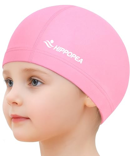 HIPPOPEA Breathable Soft Fabric Swim Cap, High Elasticity Comfort Fit, Lightweight Water-Resistant Stretch Swimming Cap for Adults, Fits Long Hair & Short Hair for Women Men Boy Girl (Girl - Pink)