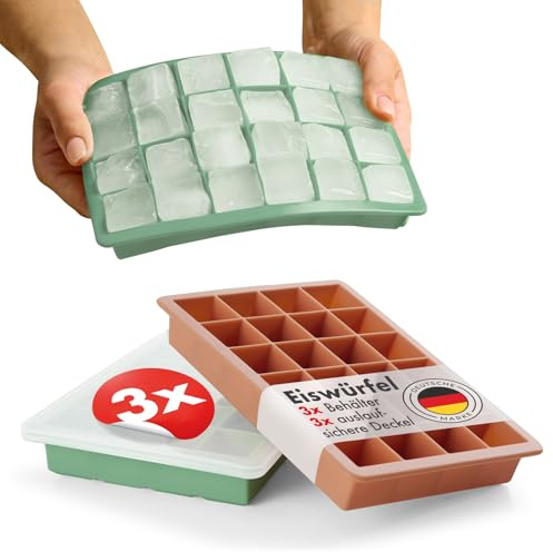 Blumtal stampi per cubetti di ghiaccio in silicone set di 3-24 stampi per cubetti di ghiaccio con coperchio - Stampo per cubetti di ghiaccio in silicone senza BPA - 2x verde oliva + rosso minerale