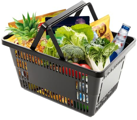 Susoso Cesta de la compra de polipropileno, 12 unidades, 28 L, con asas ergonómicas. Cada producto soporta aproximadamente 10 kg, diseño abierto y apilable, color negro