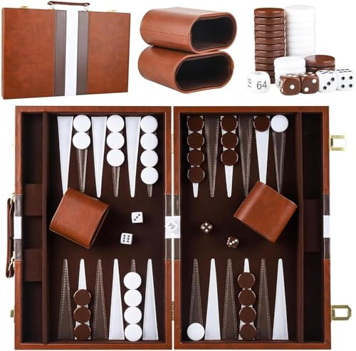 Backgammon Valise en bois 38 cm pour 2 joueurs - Classique - Avec étui en cuir de qualité supérieure - Portable et avec gobelet à dés - Pour les campeurs et les fans de voyage