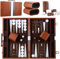 Backgammon Koffer Holz 15 Zoll,2 Spieler Klassisches Reise-Backgammon-Set mit Hochwertiger Ledertasche Tragbares und mit Würfelbecher für Camper & Travel-Fans