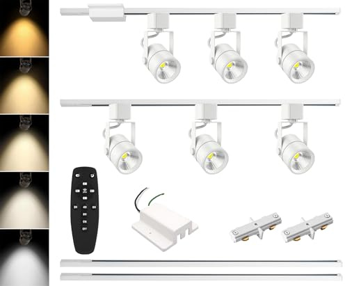 LRAEMXG 6-Light Track Lighting Kit with 6.6FT H Type Track Lighting Rail and Floating Canopy Connector, 2700K-6500K Stepless Dimming H Type Dimmable Track Light Fixtures Ceiling Spot Light, White