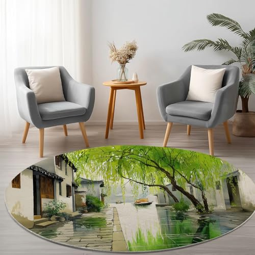 Generico Tappeto Rotondo Moderno Lavabile 100 cm Architettura Vicolo Piante Salici, Tappeto Antiscivolo Morbido Vintage per Soggiorno Camera da Letto - Moquette Adatto a Bambini e Animali Domestici