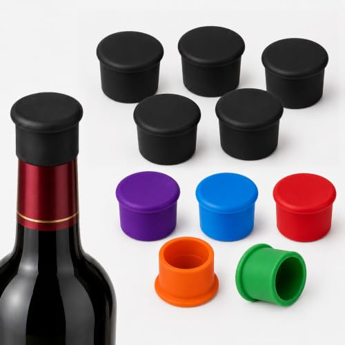 Qufiiry Juego de 10 Tapones de Silicona para Botellas, Reutilizables, Herméticos, Ajustables para Vino, Cerveza, Cava – para Conservar Frescura y Evitar Derrames (5 Negros + 5 Coloridos)